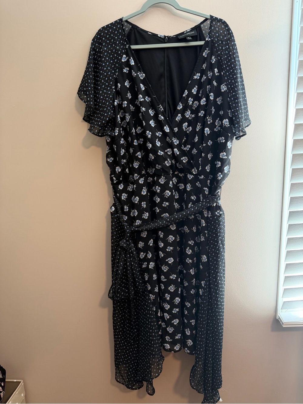 Lane Bryant Black Floral High-Low Wrap Dress with White Print